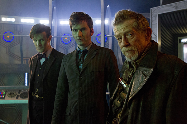 Matt Smith, David Tennant and John Hurt as the three Doctor Who together in the Tardis